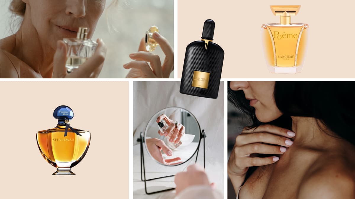 Ein Parfum, das den ganzen Tag hält, muss gar nicht so teuer sein. Collage mit verschiedenen Parfums, Flakons und Frauen, die an Parfums riechen.