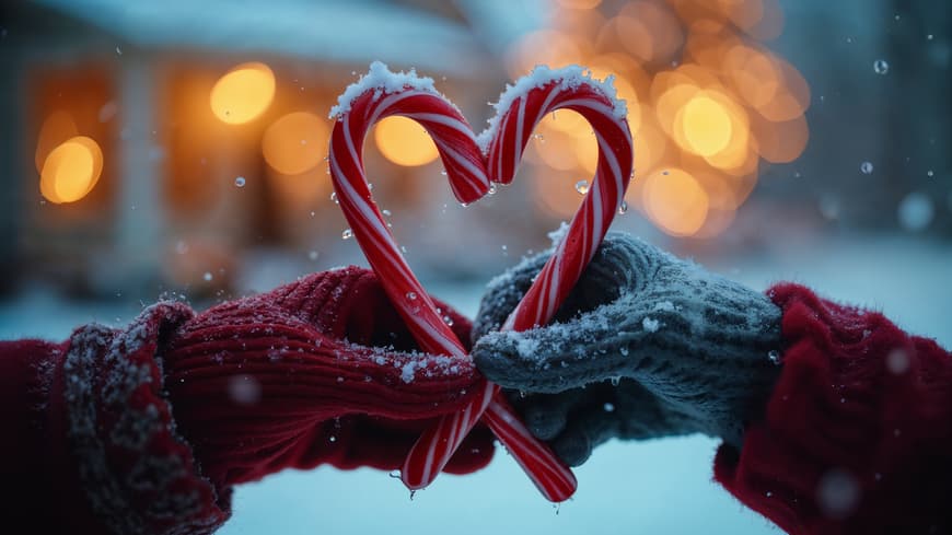 Welche 3 Sternzeichen im Dezember große Liebesgefühle erwartet, erfährst du hier. Zwei Hände halten Zuckerstangen zu einem Herz zusammen.