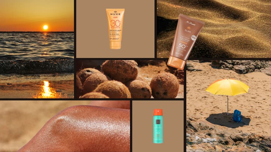 Sonnencremes, die nach Sommer duften, versetzen uns gedanklich an den Strand. Eine Collage mit Fotos vom Strand, Sand, Kokosnüssen, einem gelben Sonnenschirm, gebräunter Haut und verschiedenen Sonnencremes.