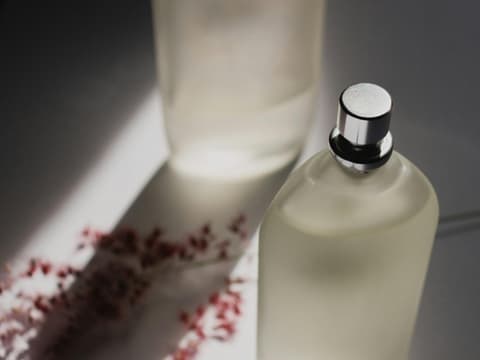 Parfum Haltbarkeit hängt von verschiedenen Faktoren ab. Parfum-Flakon mit rötlichen Trockenblumen im Hintergrund.