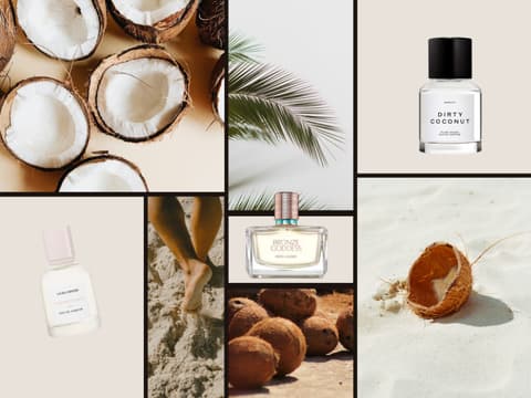 Kokos Parfums passen besonders gut zum Sommer. Eine Collage mit Bilder von Kokosnüssen, Füßen im Sand, Palmenblättern und verschiedenen Kokos Parfums.