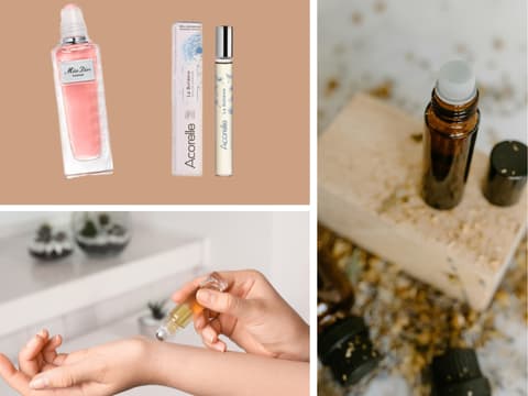 Parfum Roll-ons sind perfekt für unterwegs. Verschiedene Parfum Roll-ons in einer Collage.