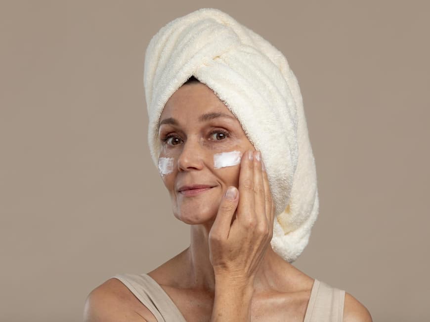 Die besten Gesichtscremes aus der Apotheke für reife Haut zeigen wir dir hier. Frau cremt sich ihr Gesicht ein.