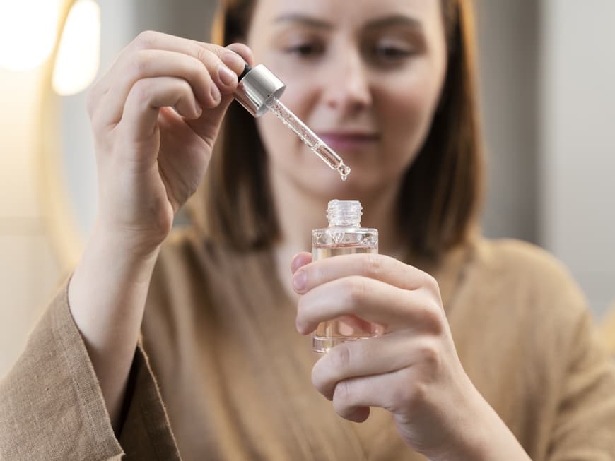 Hydroxytyrosol ist ein natüricher Anti-Aging-Wirkstoff. Frau hält Haut-Serum